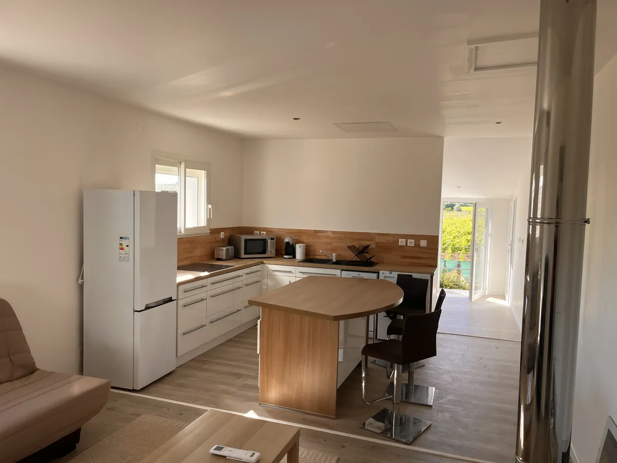 Cuisine ouverte et séjour lumineux de l'appartement T2, gîte L'Arche du Négadis à Paulhan